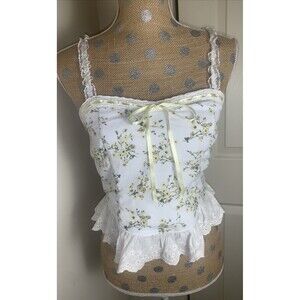 Thirty Thirty LA Floral Eyelet Lace Coquette Cami Top Ribbon Bow Cottage Medium